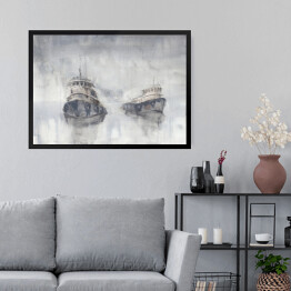 Obraz w ramie Dwie łodzie na morzu we mgle