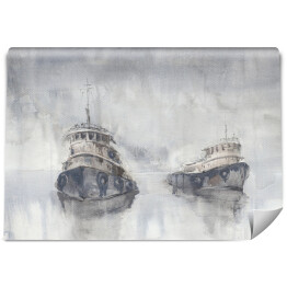 Fototapeta samoprzylepna Dwie łodzie na morzu we mgle
