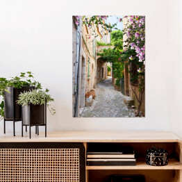 Plakat samoprzylepny Piękna stara kamienna ulica obrośnięta bluszczem we Francji