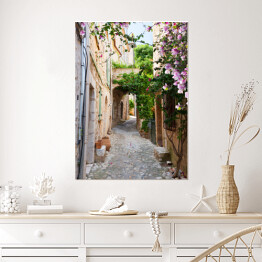 Plakat Piękna stara kamienna ulica obrośnięta bluszczem we Francji