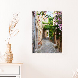 Plakat Piękna stara kamienna ulica obrośnięta bluszczem we Francji
