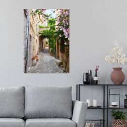 Plakat samoprzylepny Piękna stara kamienna ulica obrośnięta bluszczem we Francji