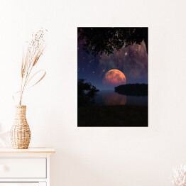 Plakat samoprzylepny Duży Księżyc z odbiciem w wodzie i gwiazdami na nocnym niebie