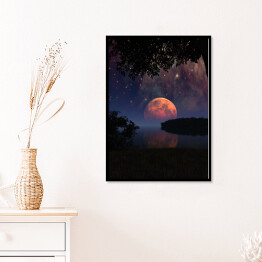 Plakat w ramie Duży Księżyc z odbiciem w wodzie i gwiazdami na nocnym niebie