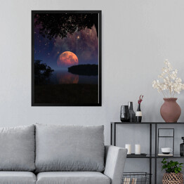 Obraz w ramie Duży Księżyc z odbiciem w wodzie i gwiazdami na nocnym niebie
