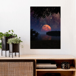 Plakat samoprzylepny Duży Księżyc z odbiciem w wodzie i gwiazdami na nocnym niebie