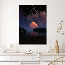 Plakat Duży Księżyc z odbiciem w wodzie i gwiazdami na nocnym niebie
