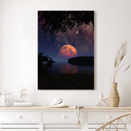 Obraz na płótnie Duży Księżyc z odbiciem w wodzie i gwiazdami na nocnym niebie