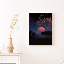 Obraz na płótnie Duży Księżyc z odbiciem w wodzie i gwiazdami na nocnym niebie