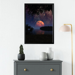 Obraz w ramie Duży Księżyc z odbiciem w wodzie i gwiazdami na nocnym niebie