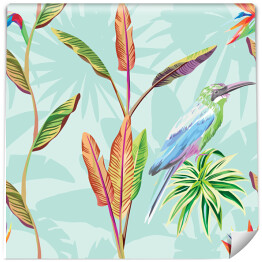 Tapeta w rolce Kolorowe ptaki i liście na błękitnym tle