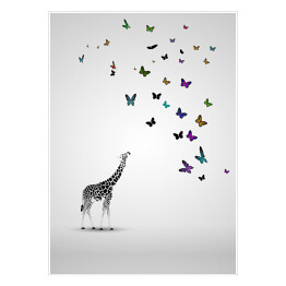 Plakat samoprzylepny Mała żyrafa patrząca na motyle