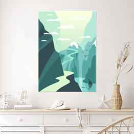 Plakat samoprzylepny Jezioro i górska ścieżka - ilustracja w odcieniach błękitu i bieli