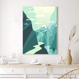 Obraz na płótnie Jezioro i górska ścieżka - ilustracja w odcieniach błękitu i bieli