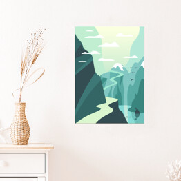 Plakat Jezioro i górska ścieżka - ilustracja w odcieniach błękitu i bieli