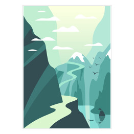 Plakat Jezioro i górska ścieżka - ilustracja w odcieniach błękitu i bieli