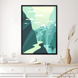 Obraz w ramie Jezioro i górska ścieżka - ilustracja w odcieniach błękitu i bieli