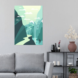 Plakat samoprzylepny Jezioro i górska ścieżka - ilustracja w odcieniach błękitu i bieli