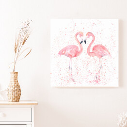 Obraz na płótnie Akwarela - dwa flamingi na tle w różowe kropki