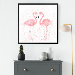 Obraz w ramie Akwarela - dwa flamingi na tle w różowe kropki