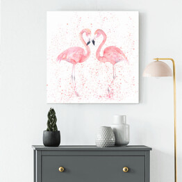 Obraz na płótnie Akwarela - dwa flamingi na tle w różowe kropki