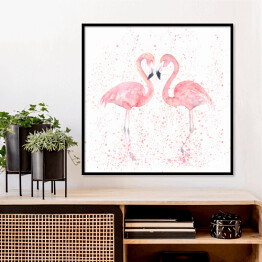Plakat w ramie Akwarela - dwa flamingi na tle w różowe kropki