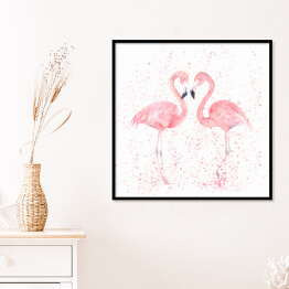 Plakat w ramie Akwarela - dwa flamingi na tle w różowe kropki