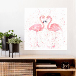 Plakat samoprzylepny Akwarela - dwa flamingi na tle w różowe kropki