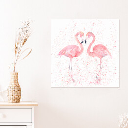 Plakat samoprzylepny Akwarela - dwa flamingi na tle w różowe kropki
