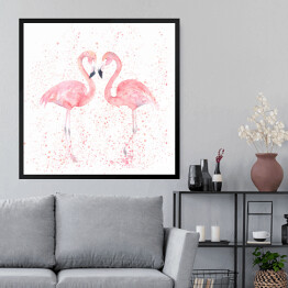 Obraz w ramie Akwarela - dwa flamingi na tle w różowe kropki