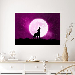 Plakat samoprzylepny Wilk wyjący do księżyca - ilustracja w fioletowych barwach