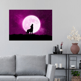 Plakat samoprzylepny Wilk wyjący do księżyca - ilustracja w fioletowych barwach