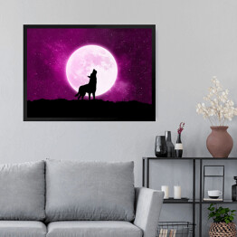 Obraz w ramie Wilk wyjący do księżyca - ilustracja w fioletowych barwach