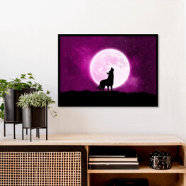 Plakat w ramie Wilk wyjący do księżyca - ilustracja w fioletowych barwach
