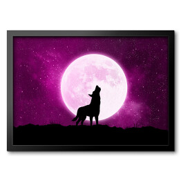 Obraz w ramie Wilk wyjący do księżyca - ilustracja w fioletowych barwach