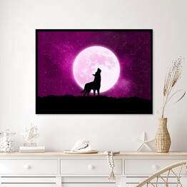Plakat w ramie Wilk wyjący do księżyca - ilustracja w fioletowych barwach