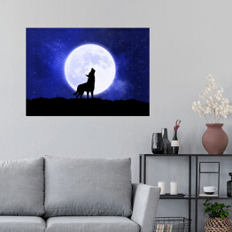 Plakat Wyjący wilk na tle księżyca w ciemną noc