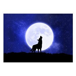 Plakat Wyjący wilk na tle księżyca w ciemną noc