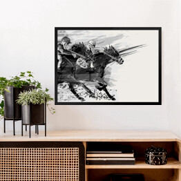 Obraz w ramie Wyścigi konne w stylu grunge - biało czarna ilustracja