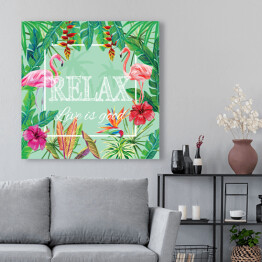 Obraz na płótnie Cytat na zielonym tle z kwiatami i flamingami