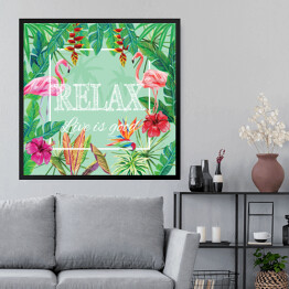 Obraz w ramie Cytat na zielonym tle z kwiatami i flamingami