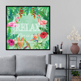 Plakat w ramie Cytat na zielonym tle z kwiatami i flamingami