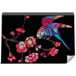 Fototapeta winylowa zmywalna Kwitnące drzewo i kolorowy ptak na czarnym tle - ilustracja 