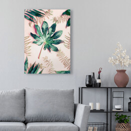 Obraz na płótnie Kompozycja z różnych liści tropikalnych palm na pastelowym różowym tle - widok z góry