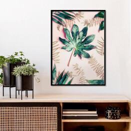 Plakat w ramie Kompozycja z różnych liści tropikalnych palm na pastelowym różowym tle - widok z góry