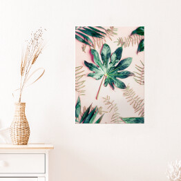 Plakat samoprzylepny Kompozycja z różnych liści tropikalnych palm na pastelowym różowym tle - widok z góry