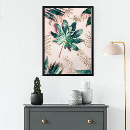 Obraz w ramie Kompozycja z różnych liści tropikalnych palm na pastelowym różowym tle - widok z góry