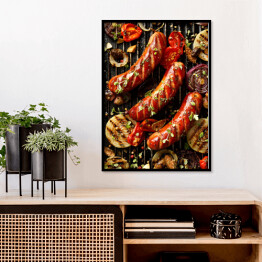 Plakat w ramie Grillowane kiełbaski i warzywa z dodatkiem przypraw i świeżych ziół