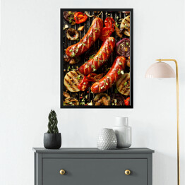 Obraz w ramie Grillowane kiełbaski i warzywa z dodatkiem przypraw i świeżych ziół