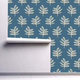 Tapeta w rolce Biały zarys listków w japońskim stylu na niebieskim tle